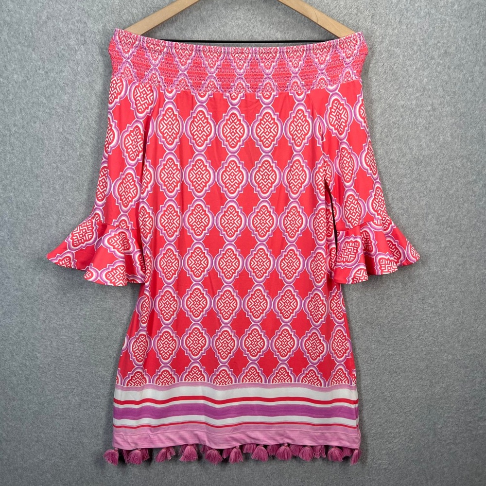 Cabana Life Coral Geo Coverluxe Smocked Dress Women S‎ Coral UPF 50+ Tassel NWT